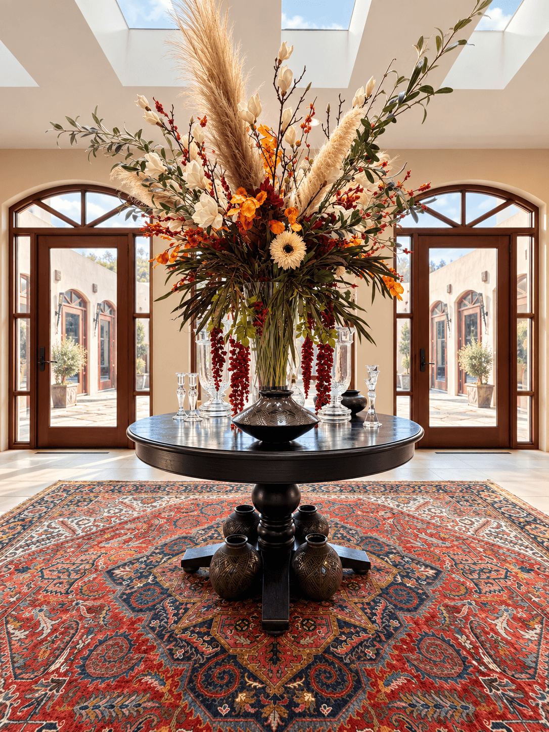 A vibrant floral arrangement in a large vase sits atop a round black table, surrounded by decorative vases, on a richly patterned rug, with glass doors leading to an outdoor space in the background.
