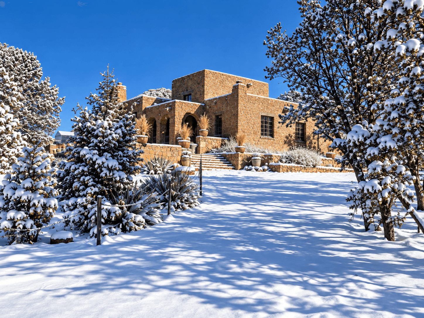 A snow-covered house surrounded by trees under a clear blue sky.