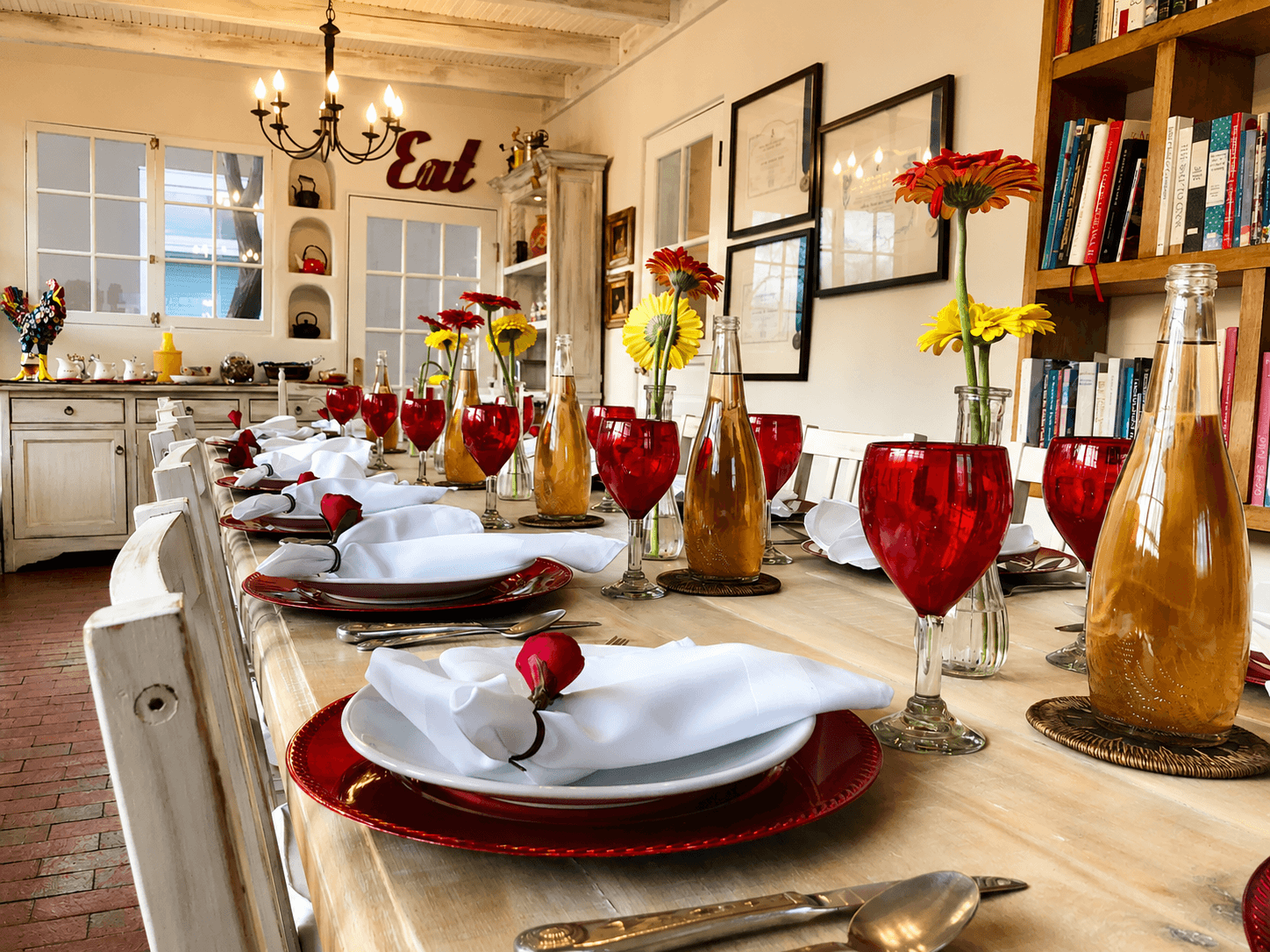 A beautifully decorated dining table set for a meal, featuring red goblets, white napkins, and fresh flowers.