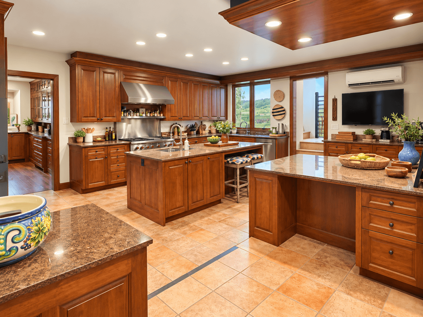 Spacious kitchen featuring rich wooden cabinetry, granite countertops, and large windows.