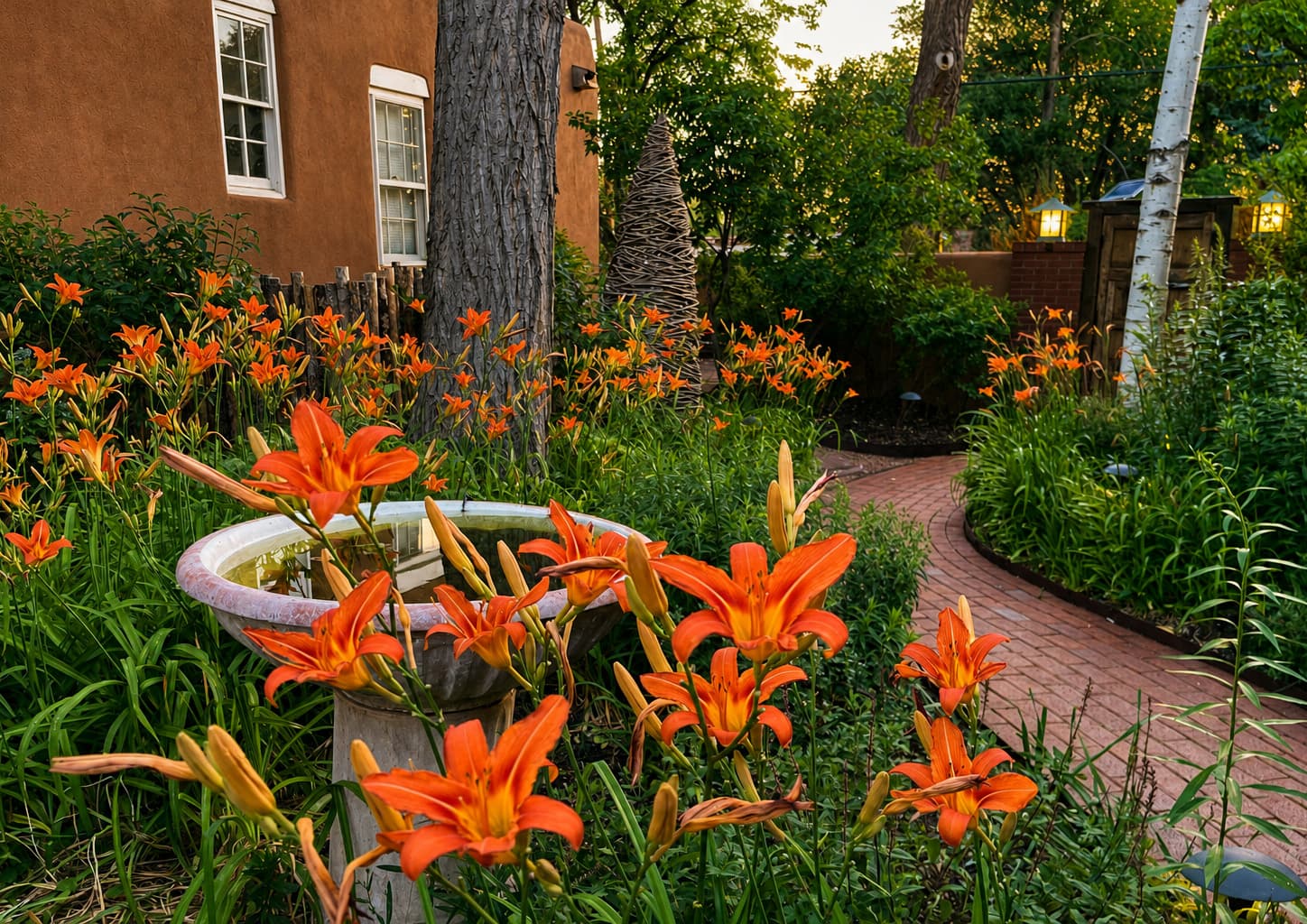 A vibrant garden filled with orange lilies and a stone birdbath, bordered by a winding brick path.