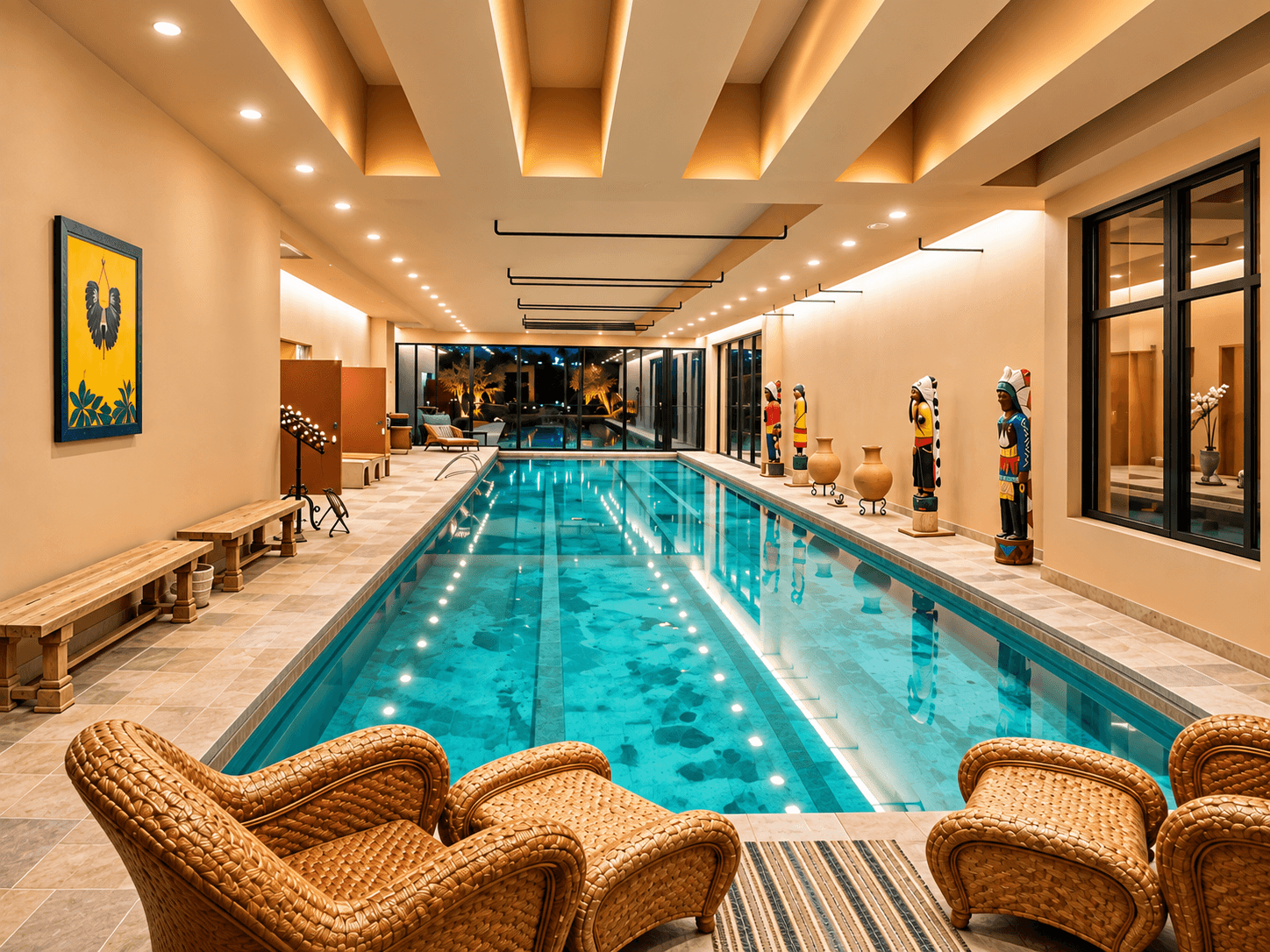 Indoor swimming pool with decorative statues and cozy seating.