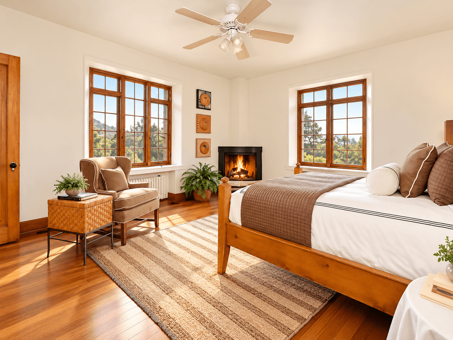 Cozy bedroom featuring a wooden bed, a plush armchair, and a fireplace, illuminated by natural light from large windows.