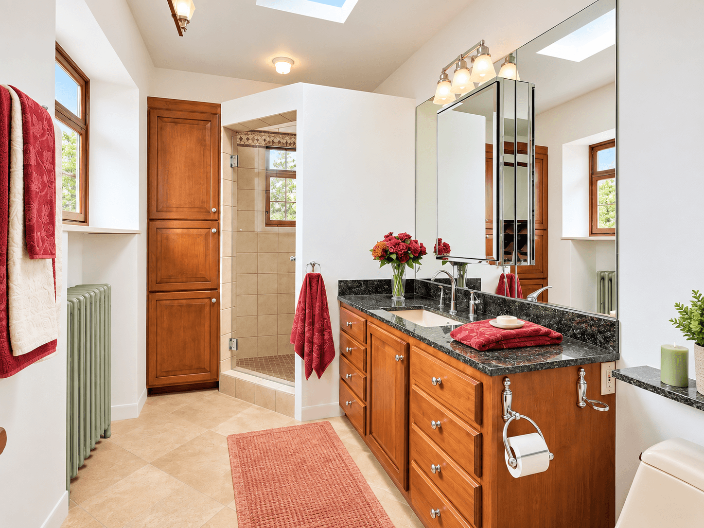 Modern bathroom featuring a double sink vanity, a walk-in shower, and natural light from windows.