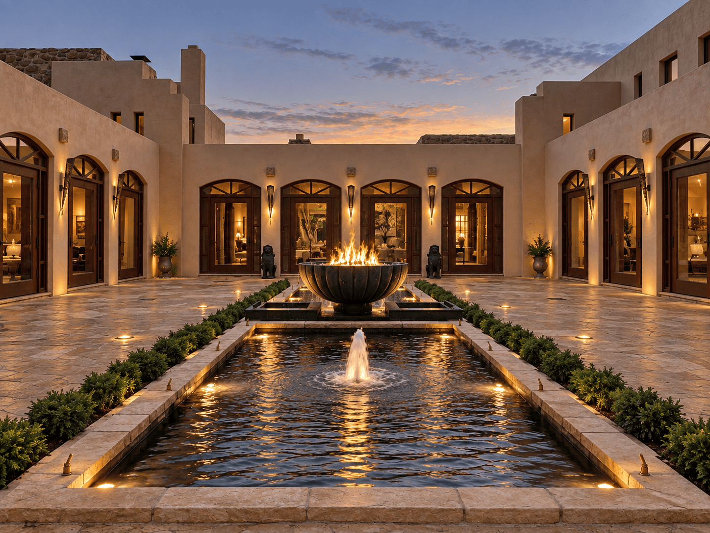 A serene courtyard featuring a central fire bowl and water fountain, surrounded by elegant architecture at sunset.