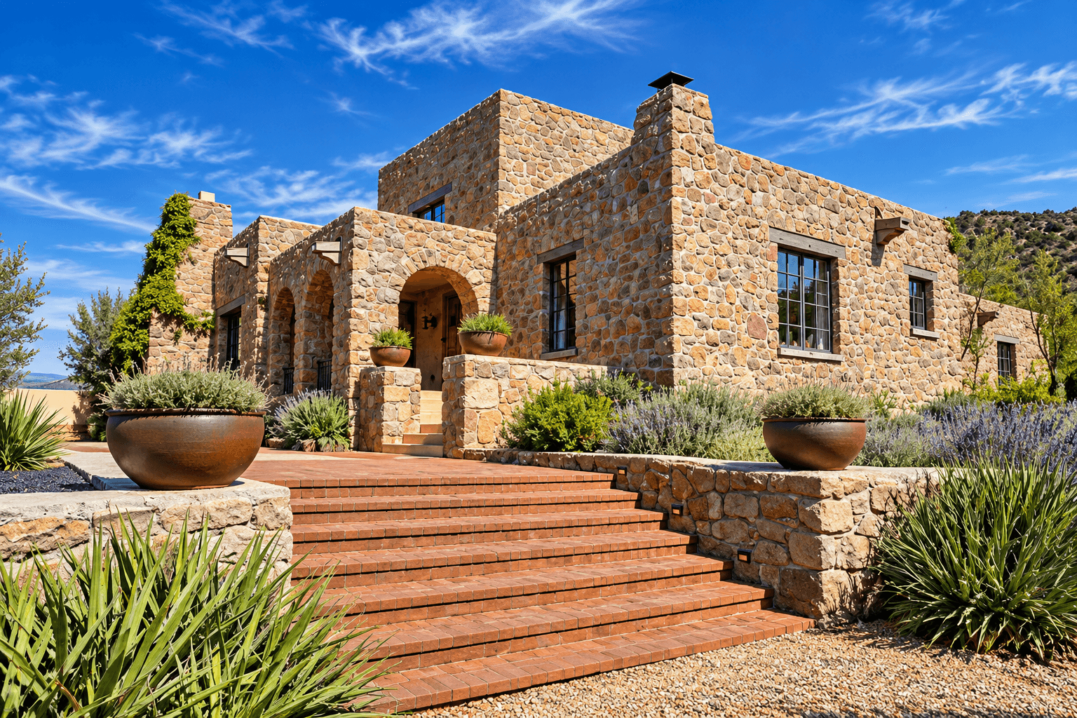 A modern stone house with a landscaped entrance and blue sky in the background.