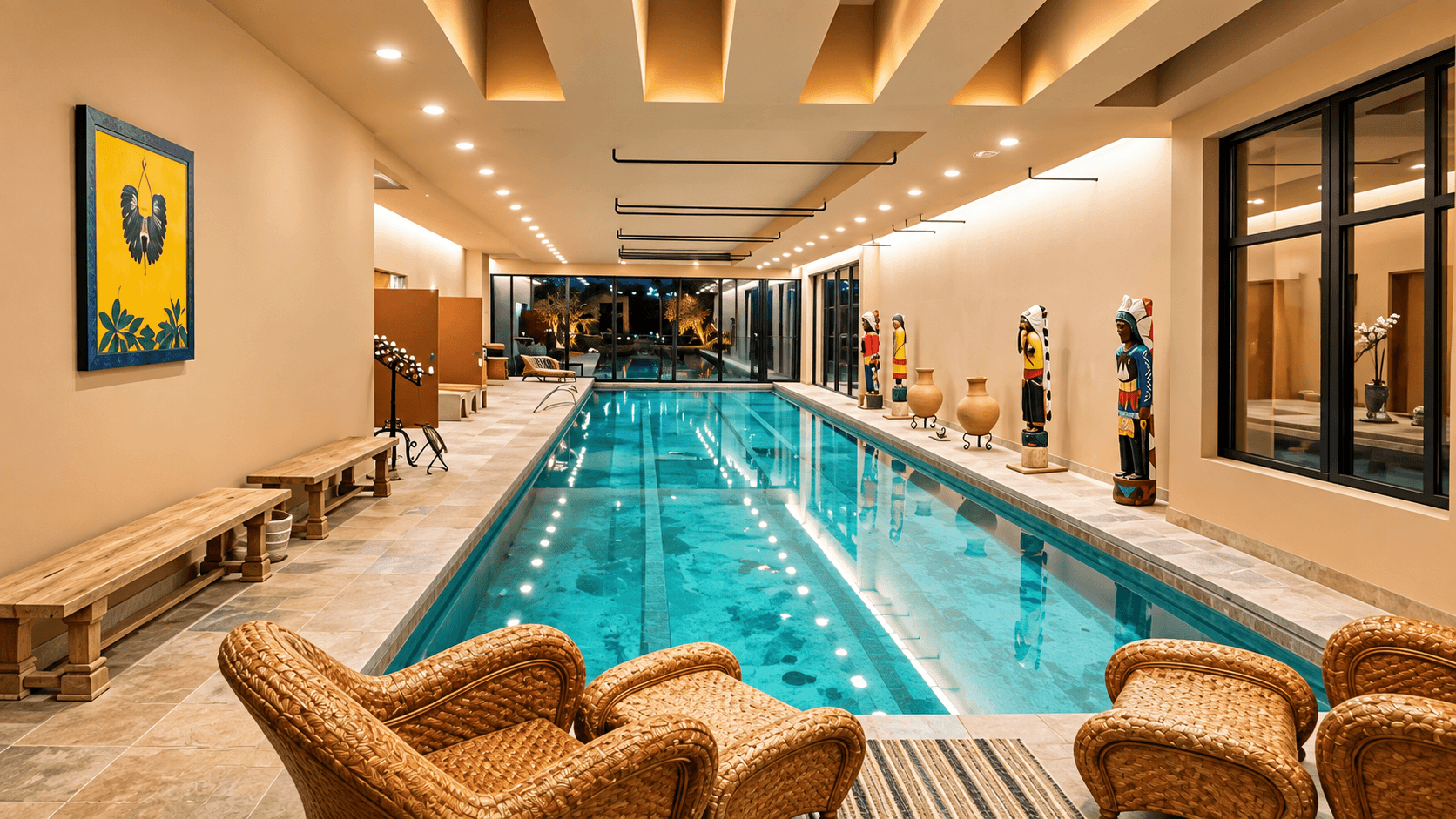 Indoor swimming pool with wicker chairs and vibrant artwork, illuminated by soft lighting.