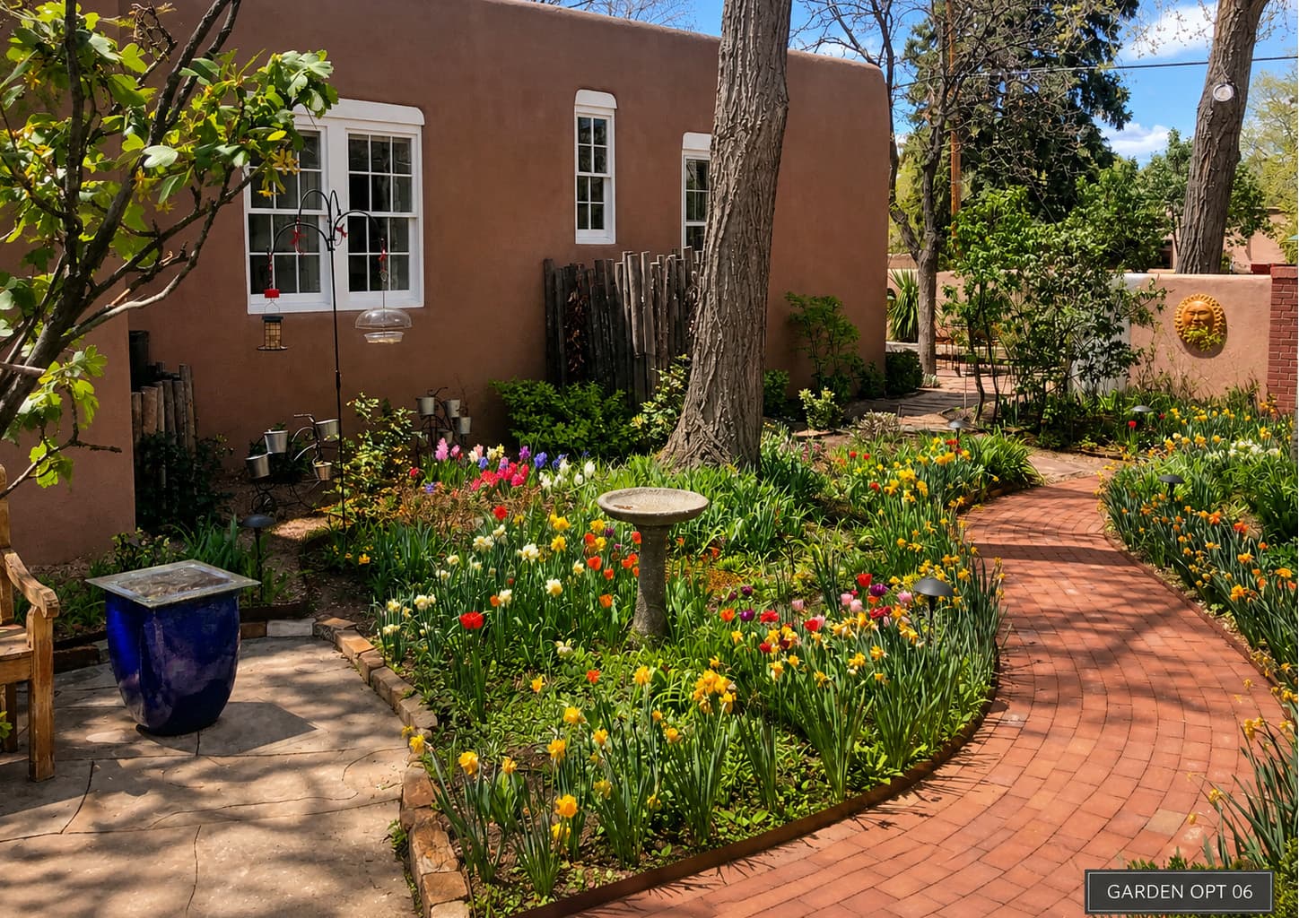 A winding brick path leads through a vibrant flower garden beside a quaint adobe building.
