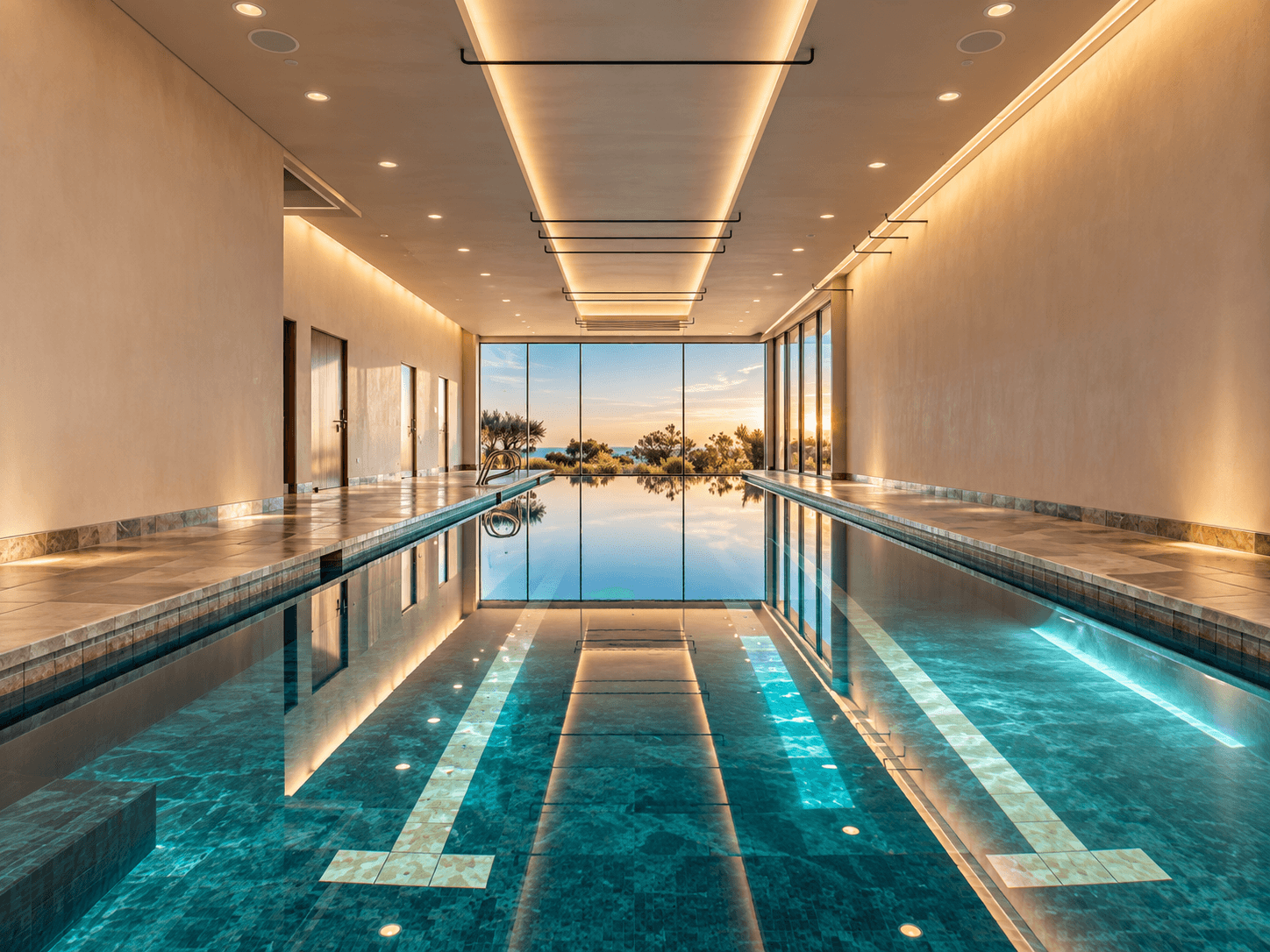 A luxurious indoor pool reflecting the sunset through large glass windows.