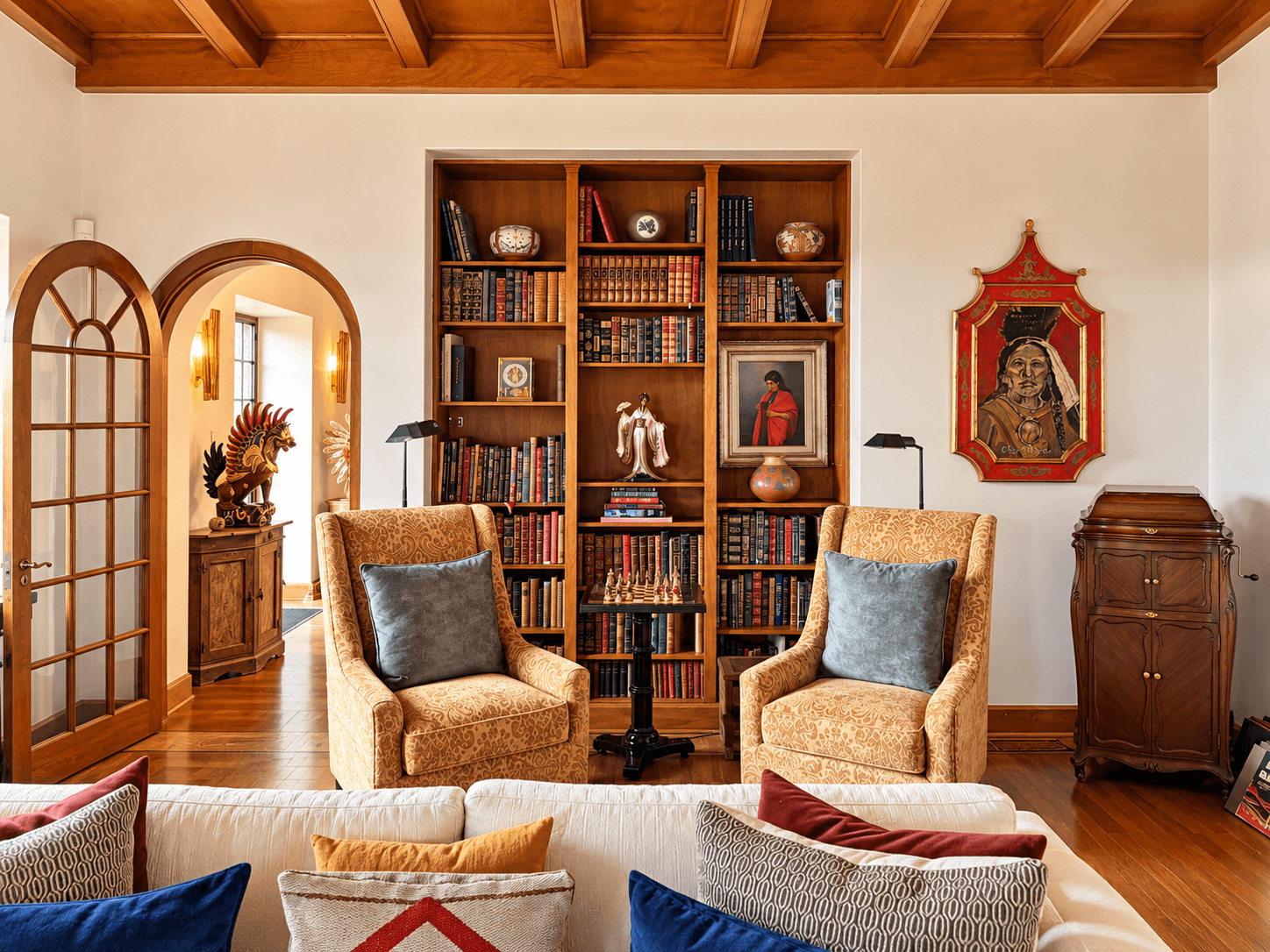 Cozy living room featuring two upholstered chairs, a bookshelf filled with books, and decorative artwork.