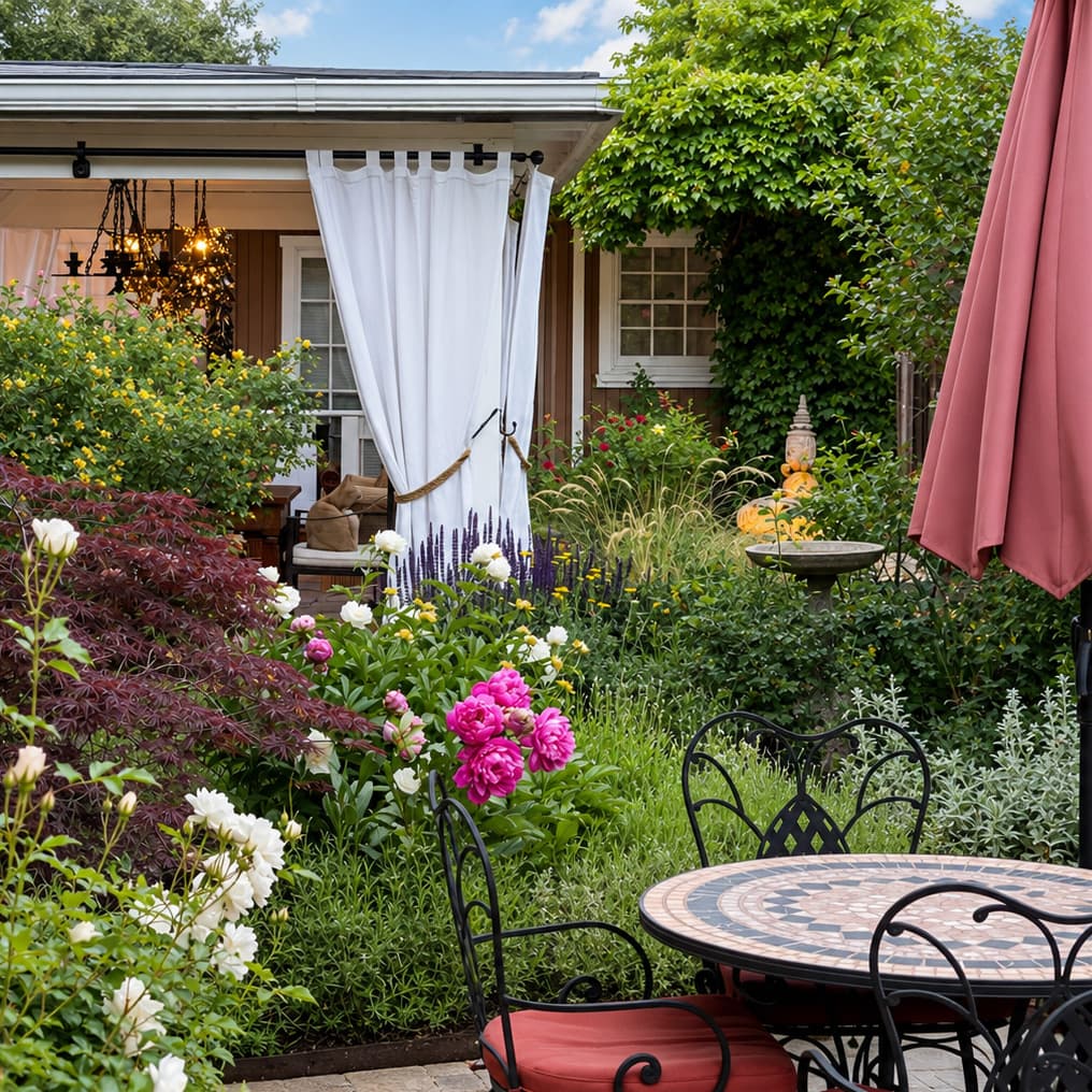A vibrant garden features colorful flowers, a decorative table, and a cozy seating area under white drapes.