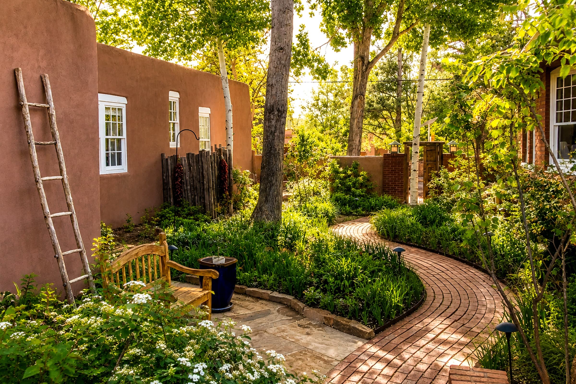 A lush garden pathway curves around a rustic bench beside a warm-toned adobe wall.