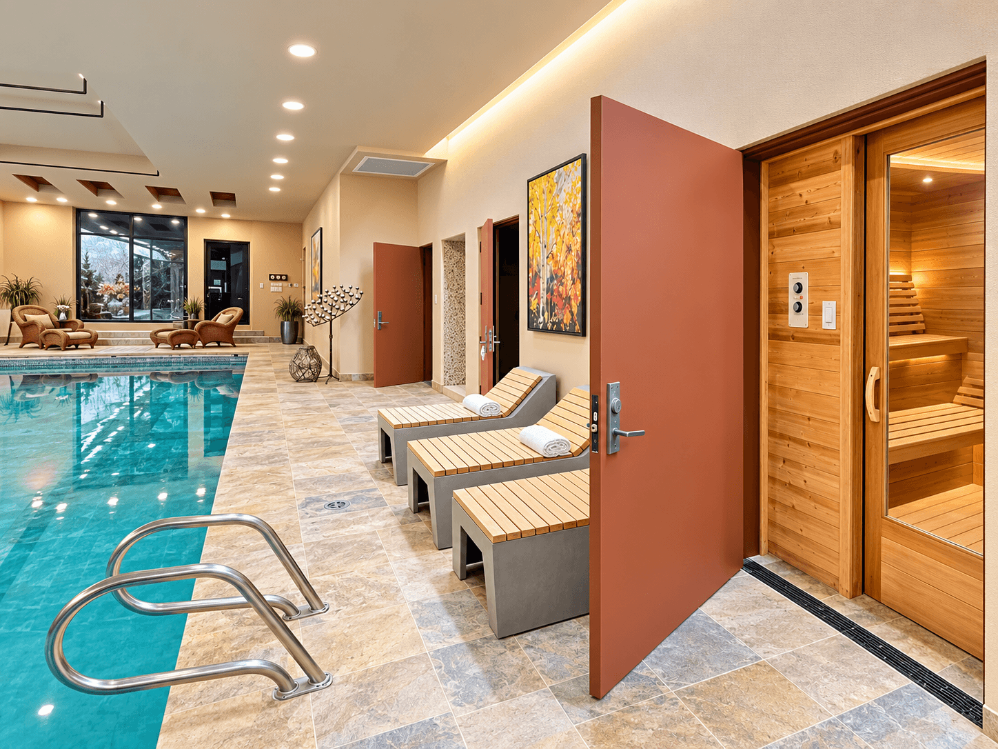 Indoor pool area featuring lounge chairs, a sauna, and warm lighting.