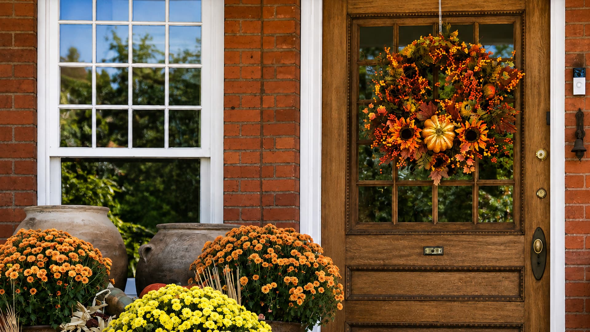 A warmly decorated front door with a floral wreath and colorful potted chrysanthemums.