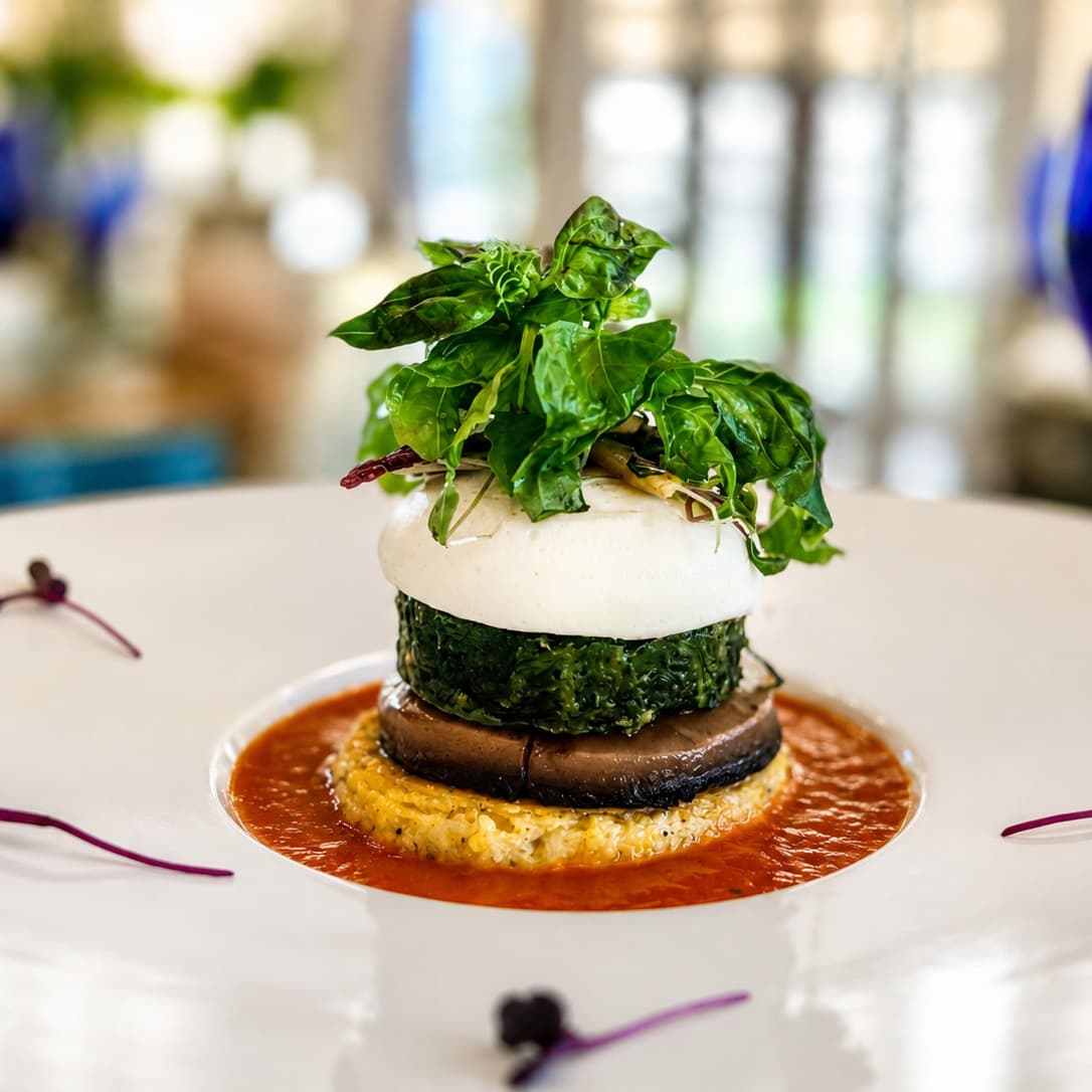 A gourmet dish featuring layers of greens, mozzarella, and portobello mushroom on a bed of sauce.