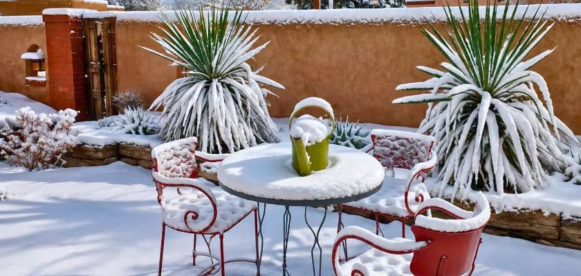 A snow covered patio at Casa Culinaria with a round table and red iron chairs, framed by yucca plants against an adobe wall.