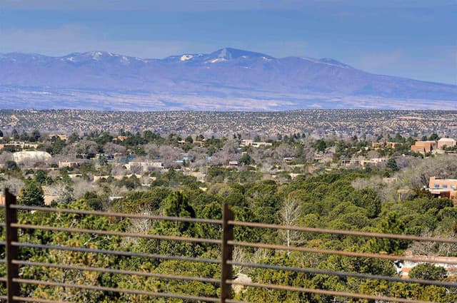 A scenic view of a sprawling landscape with mountains in the background and a foreground of trees and homes.