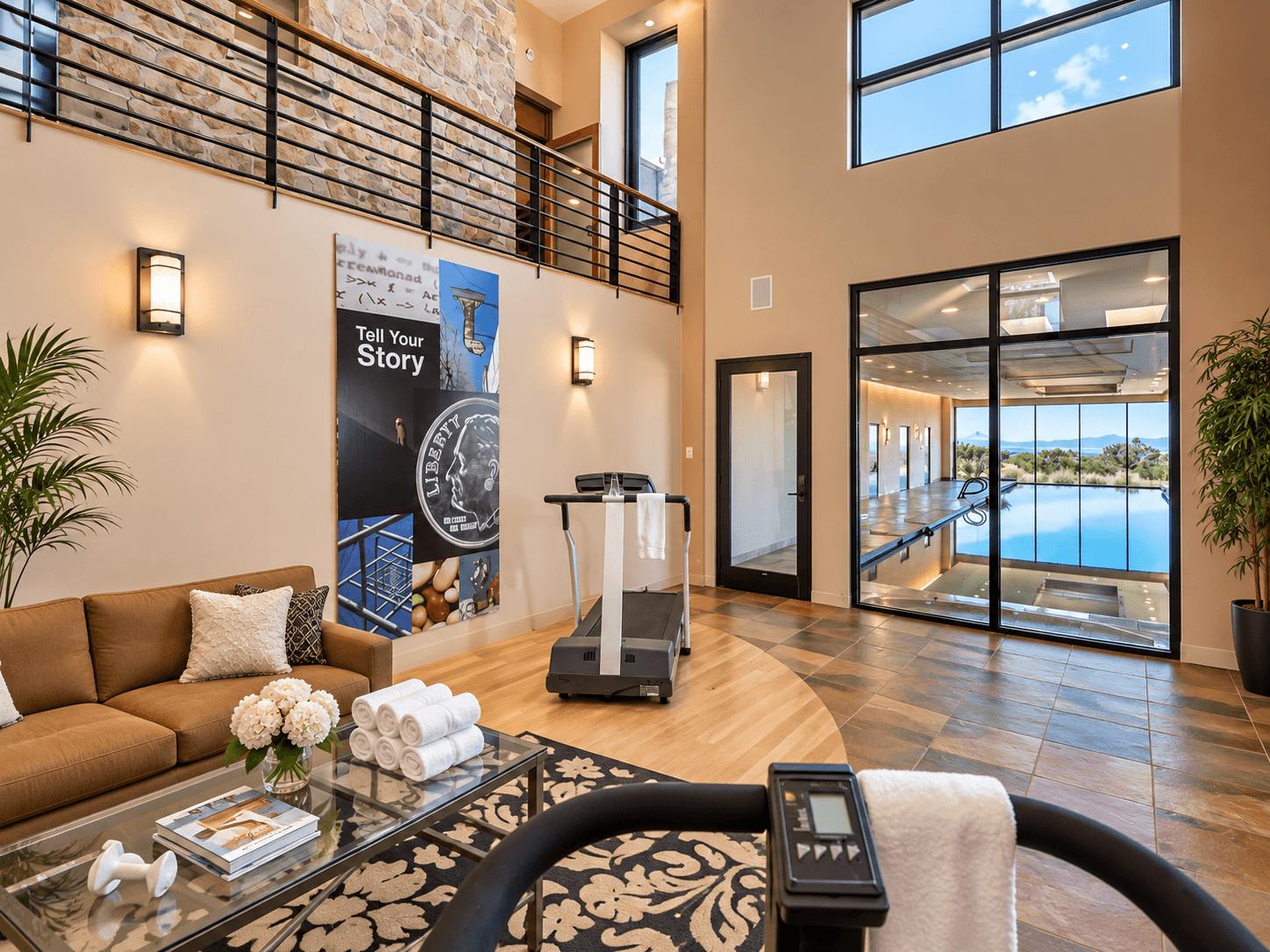 A modern gym area with a treadmill, seating, and a large window overlooking a pool.