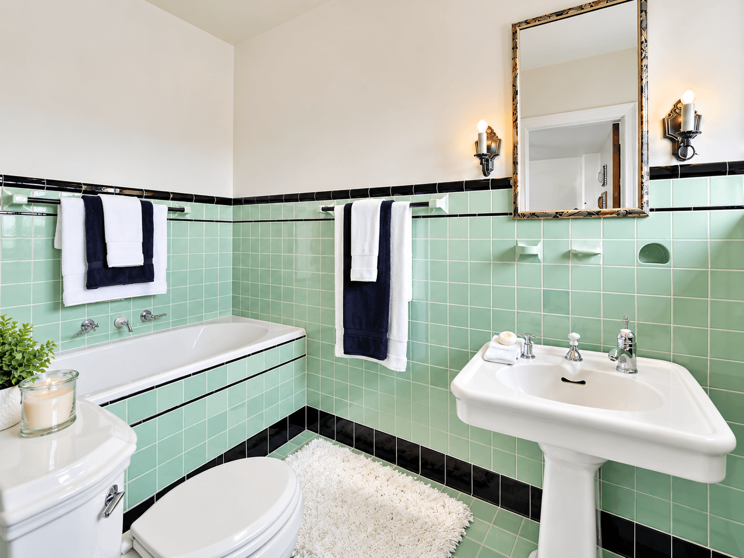 A modern bathroom featuring green tiles, a bathtub, and a white pedestal sink with decorative towels.