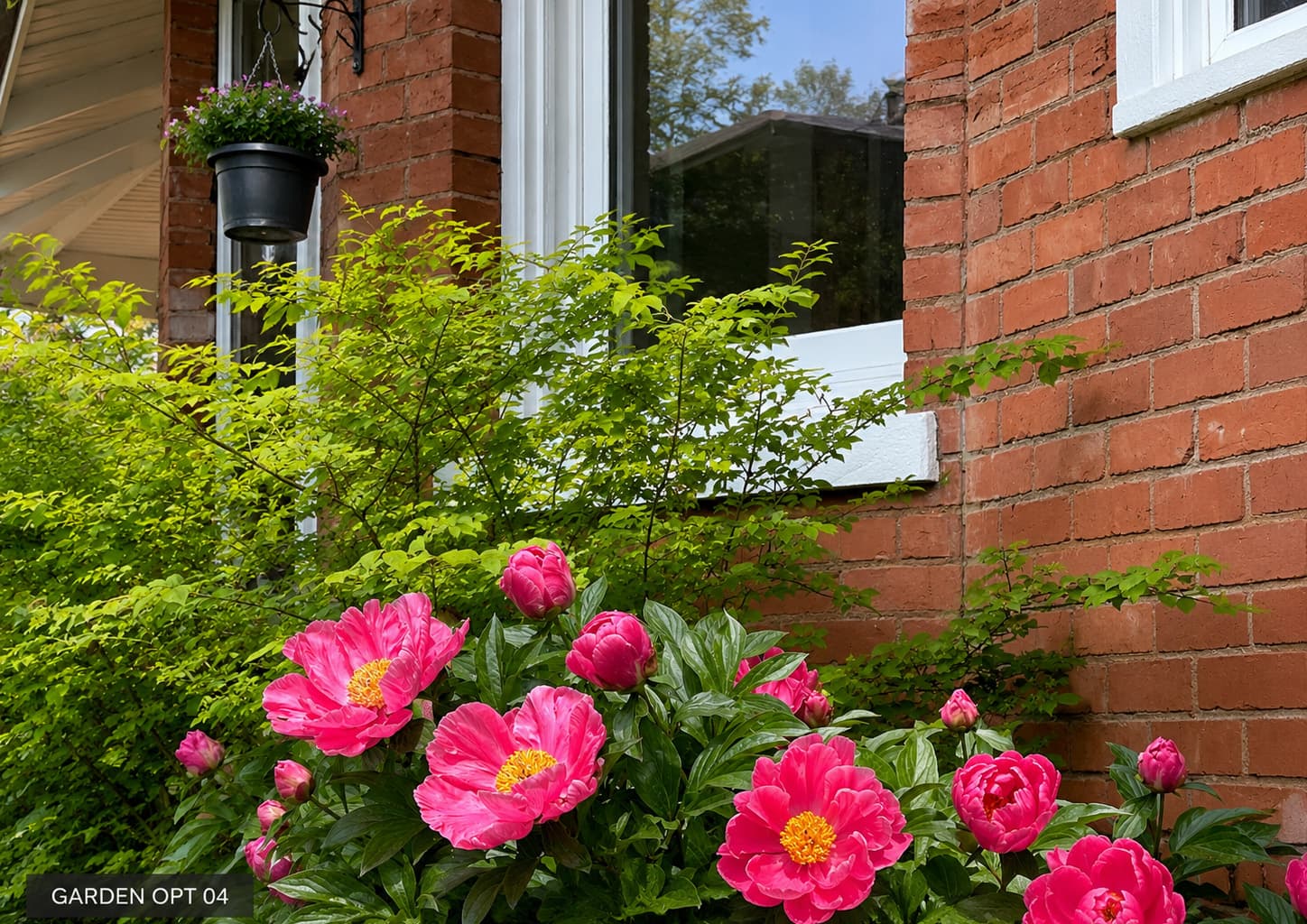 Vibrant pink peonies bloom in front of a brick wall and window, surrounded by greenery.