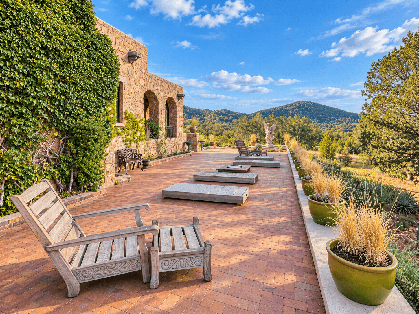 A serene patio with wooden lounge chairs overlooks rolling hills and a clear blue sky.