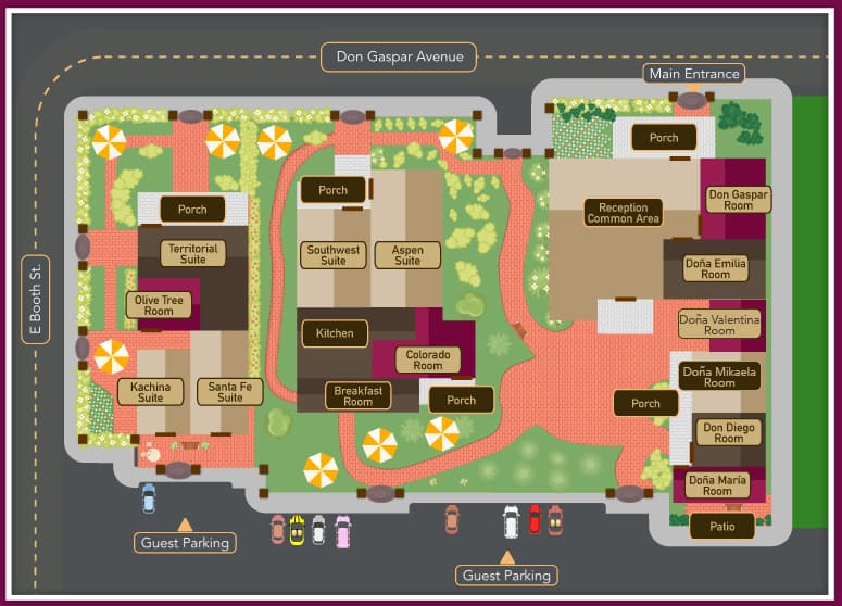 Map of a facility layout featuring rooms, porches, a kitchen, and guest parking areas.