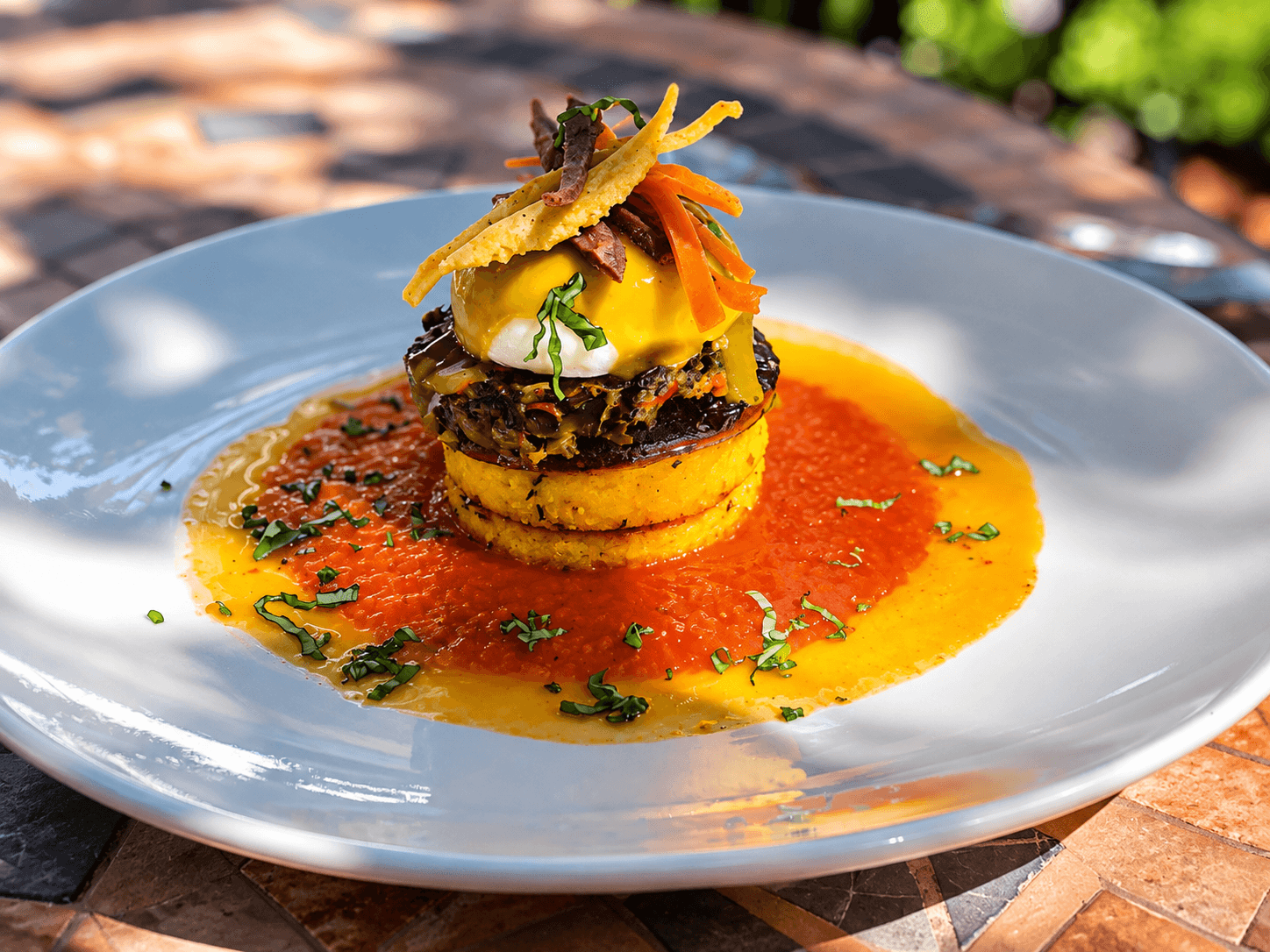 A layered dish featuring a crispy polenta base topped with black beans, poached egg, and garnished with vibrant salsa and crispy vegetables.