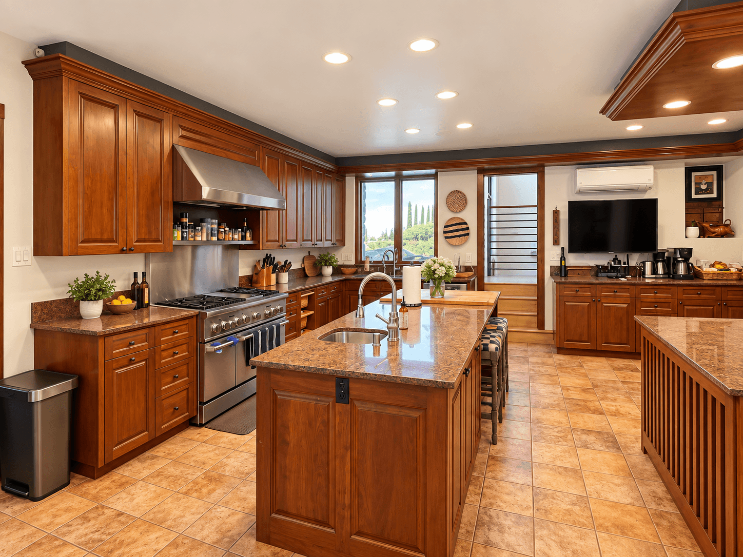 A modern kitchen featuring dark wooden cabinets, a large island, stainless steel appliances, and a large window with natural light.