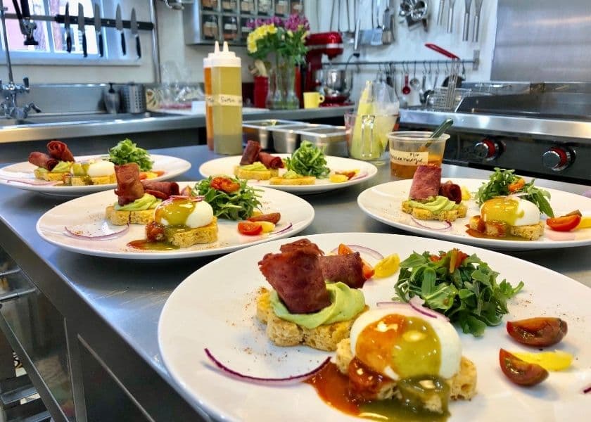 Gourmet breakfast plates are arranged in the kitchen at Casa Culinaria in Santa Fe. Gourmet breakfast plates are arranged in the kitchen at Casa Culinaria in Santa Fe.